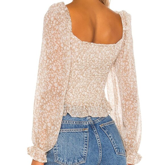 REVOLVE ASTR The Label Concord Top Taupe Blue Ditsy Floral Sheer Blouse S - Picture 2 of 15